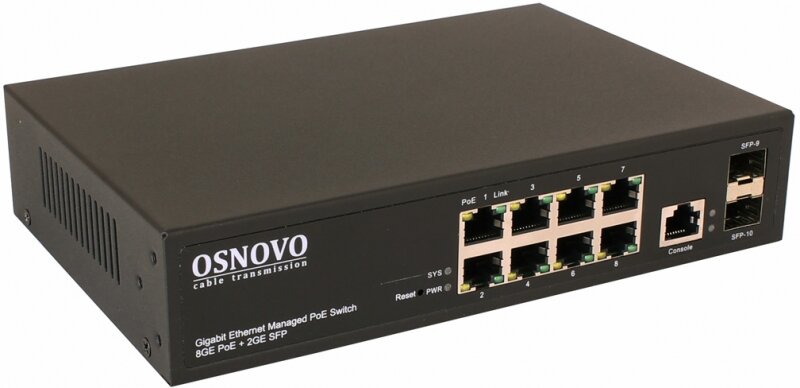 OSNOVO Гигабитный L2 PoE коммутатор на 10 портов, 8 *10/100/1000 Base-T PoE, 2*SFP 1000 Base-T, PoE на порт до 30W, суммарно до 150W