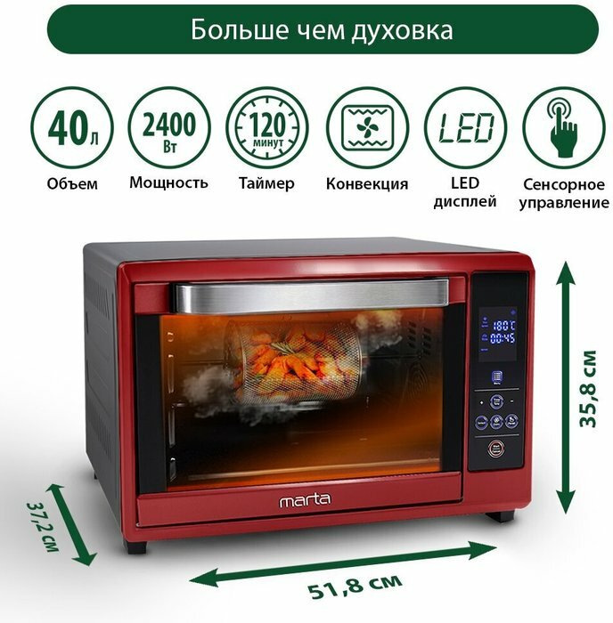 Мини-печь MARTA MT-4264, бордовый гранат