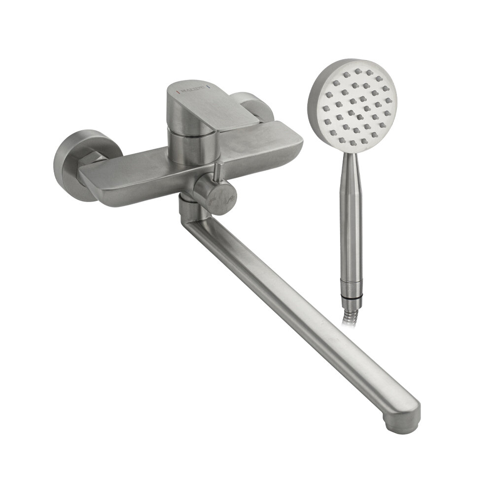 MAGNUS - Смеситель в ванную длинный излив, литой корпус, шаровый с дивертором на корпусе из нержавеющей стали марка 304