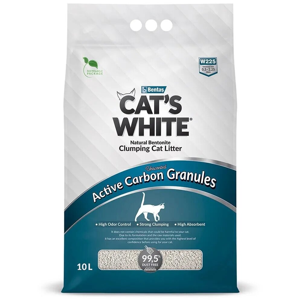 Комкующийся наполнитель для туалета кошек Cat's White Active Carbon Granules с гранулами активированного угля 10 л./8,55 кг.