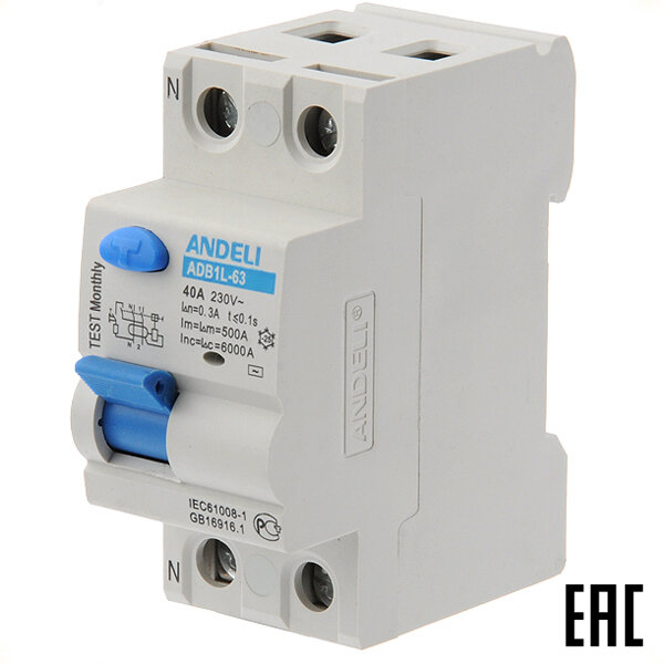 фото Устройство защитного отключения ANDELI ADB1L-63 тип АС 40А-300мА 230В 2P 6кА ADL03-014