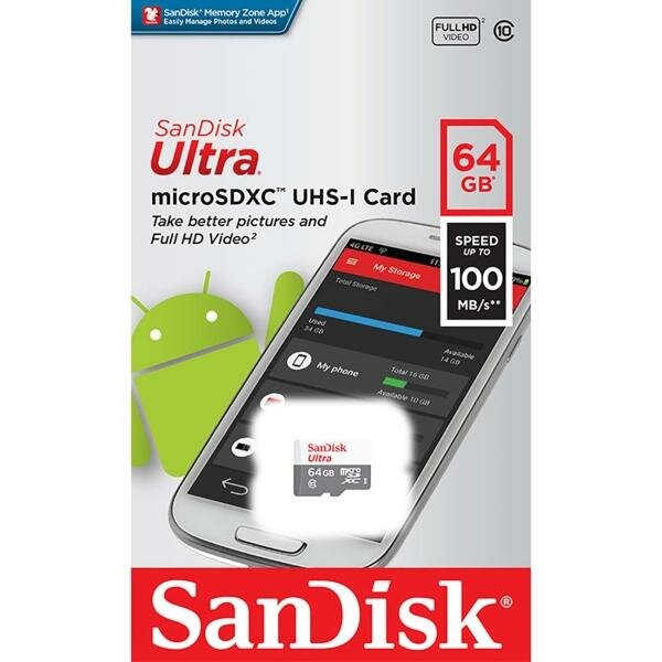 Карта памяти microSDXC SanDisk 64Gb Ultra 100Mb/s SDSQUNR-064G-GN3MN, 1шт.