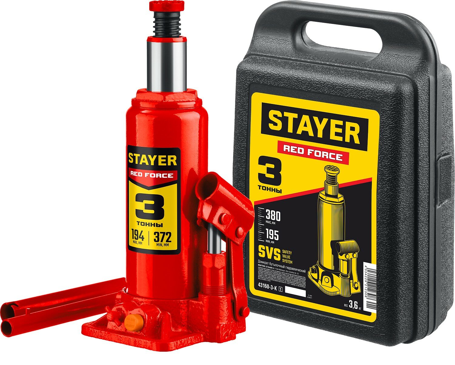 STAYER RED FORCE в кейсе 3 т 194 - 375 мм бутылочный гидравлический домкрат Professional (43160-3-K)