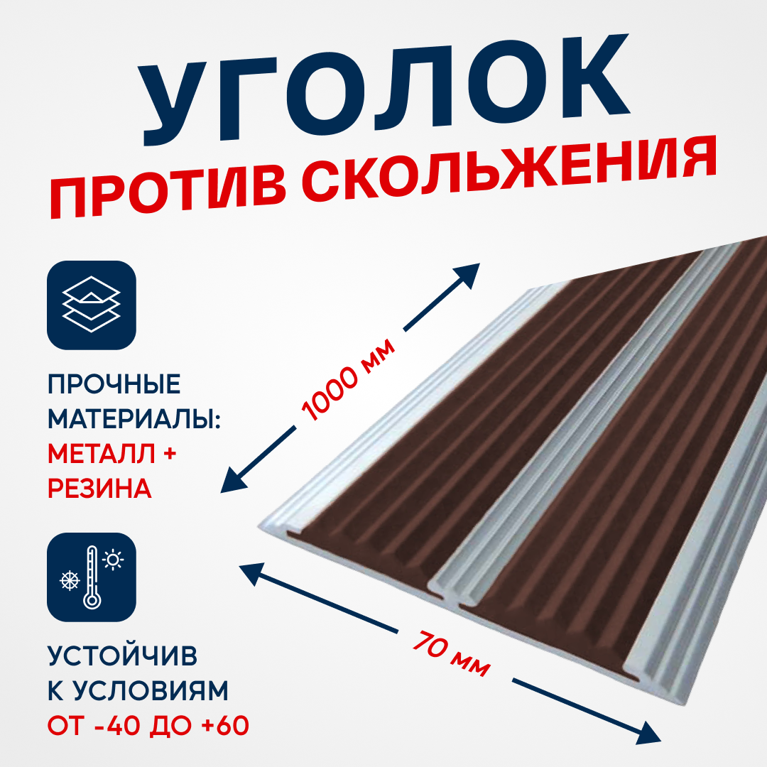 Противоскользящий алюминиевый профиль, полоса на ступени с двумя вставками 70мм, 1м, темно-коричневый - фотография № 1