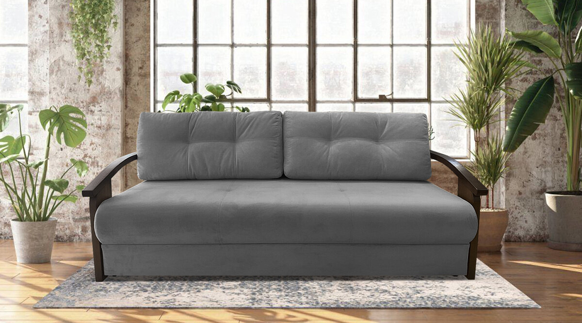 Прямой диван кровать AH!DIVAN (АхДиван) "Анкона Д" 215x105х84 см, раскладной механизм еврокнижка, деревянные подлокотники, серый велюр - фотография № 14