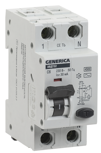 Выключатель автоматический дифференциальный АВДТ 32 1п+N 16А C 30мА тип AC GENERICA | код. MAD25-5-016-C-30 | IEK ( 1шт. )