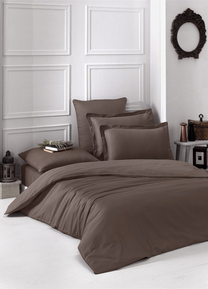 Сатиновый комплект белья Loft коричневый Karna (коричневый), 1,5 спальный (наволочки 50х70 и 70х70)