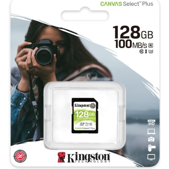 Карта памяти KINGSTON 128Gb Canvas Select Plus SDXC UHS-I U3 V30 (100/85 Mb/s)