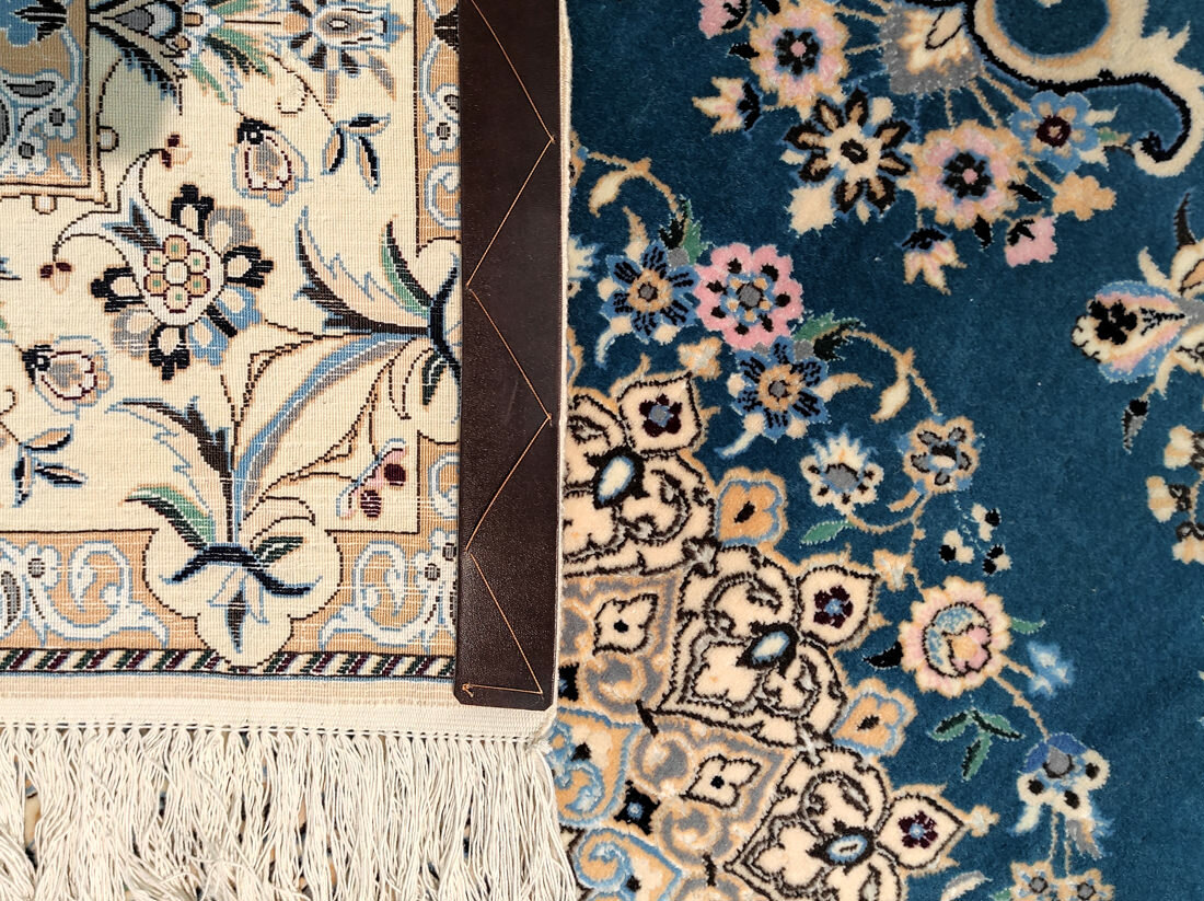 Персидский ковер ручной работы в комнату, голубой с бежевым, 2.30x1.60, Наин - фотография № 8