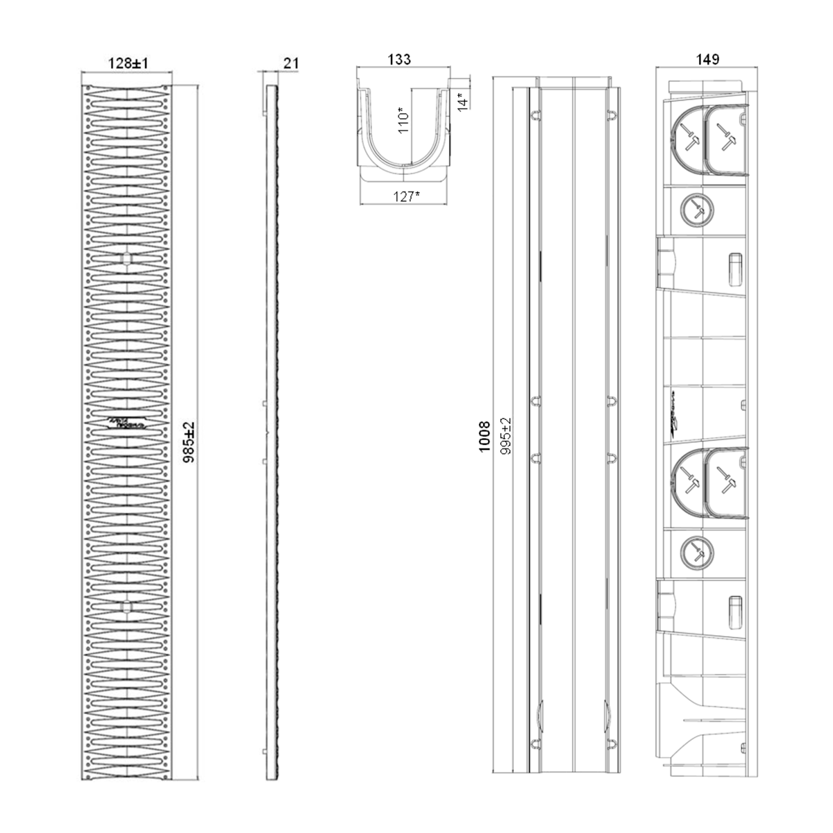 Лоток водоотводный пластиковый с металлической решеткой 1000x133x110мм (комплект 2 шт) для ливневки - фотография № 2