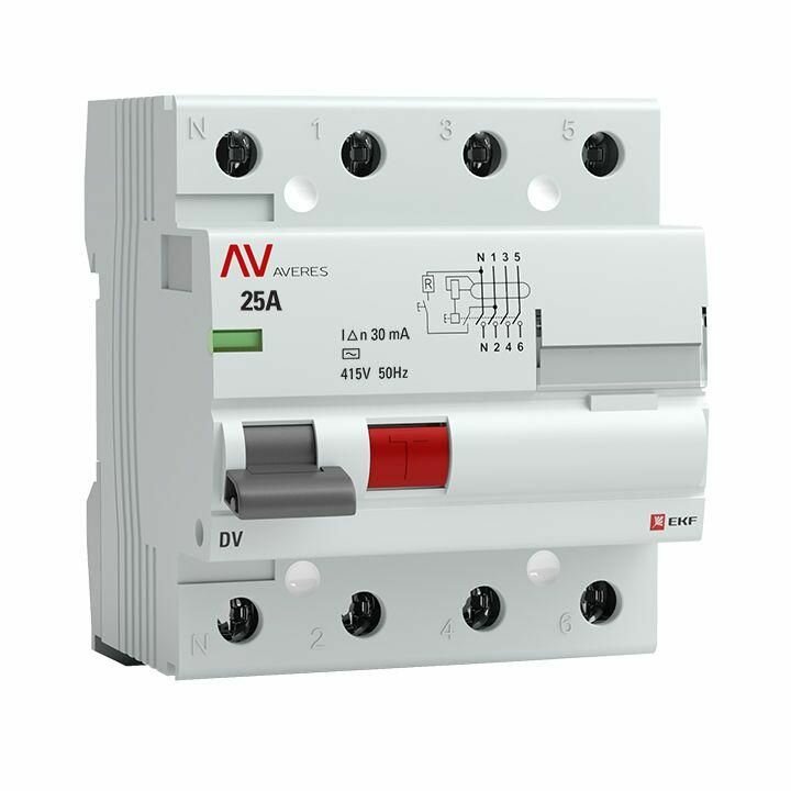 Выключатель дифференциального тока (УЗО) 4п 25А 30мА тип AC DV AVERES EKF rccb-4-25-30-ac-av - фотография № 1