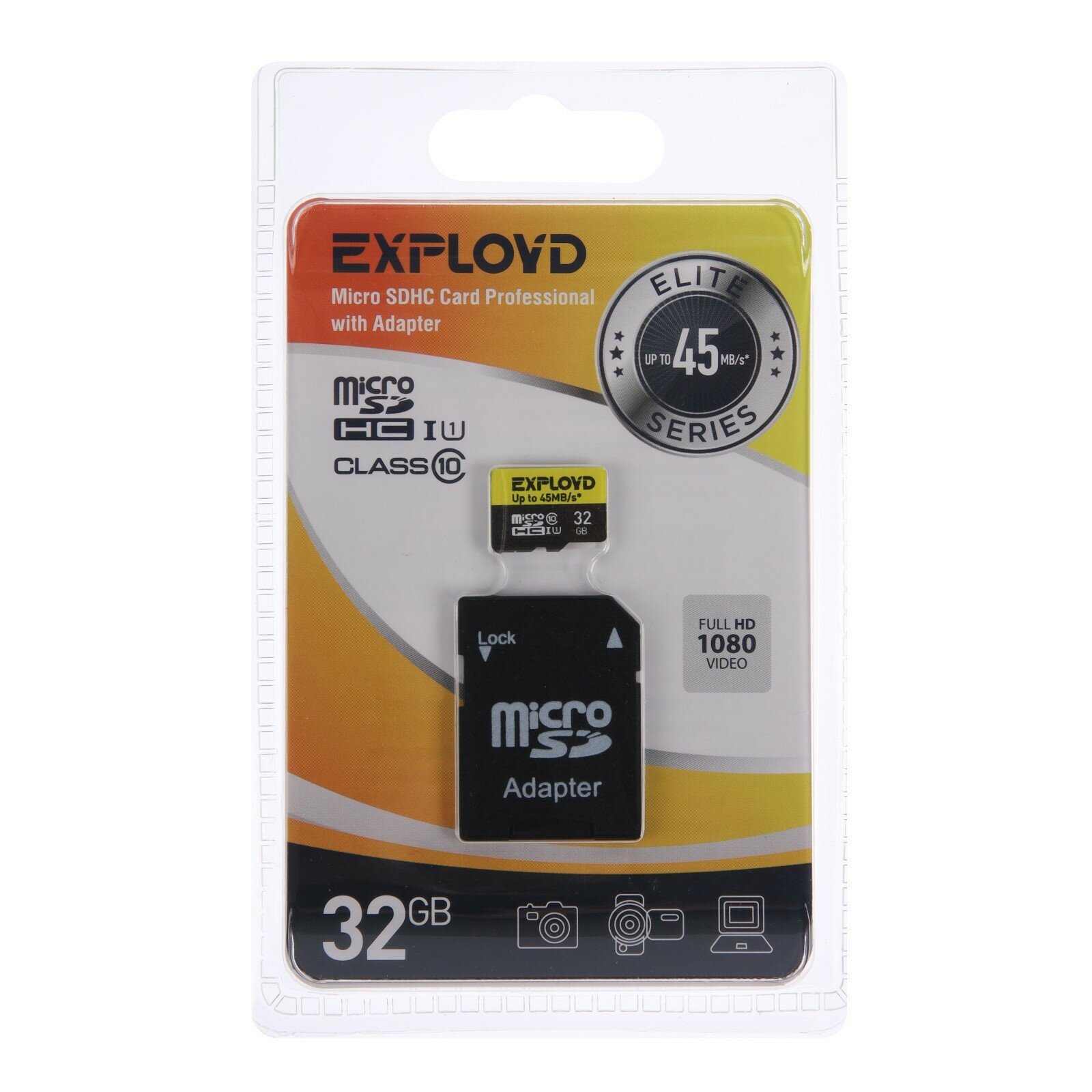 Карта памяти MicroSD, 32 Гб, SDHC, UHS-1, класс 10, 45 Мб/с, с адаптером SD