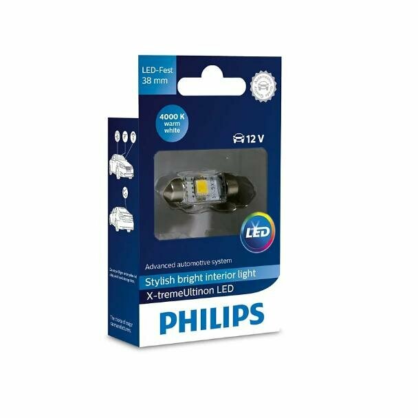 Лампа Fest 10.5x38 12V 1W SV8,5 Vision LED 4000K PHILIPS (1шт.) PHILIPS-12858X1