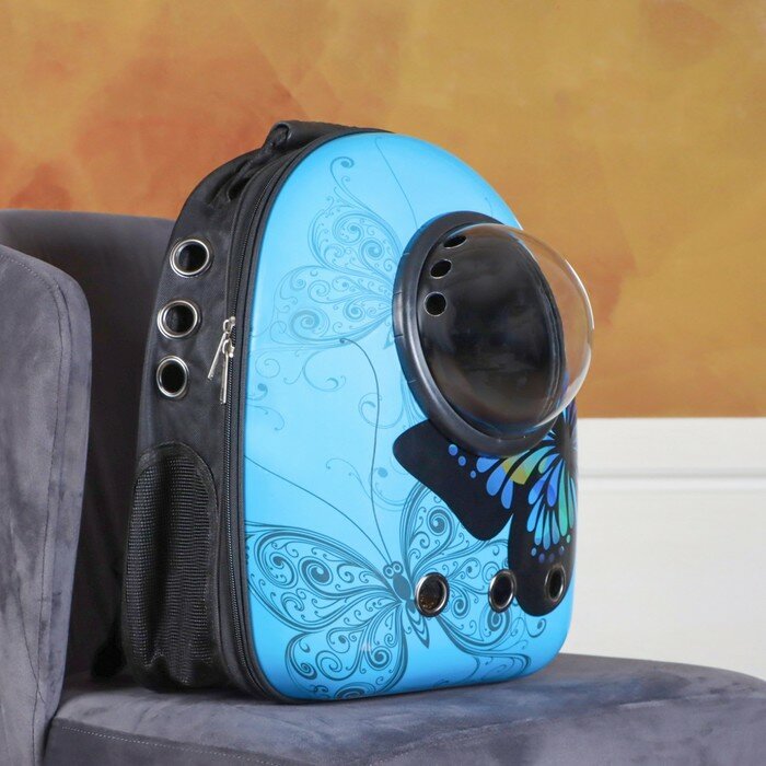 Пижон Рюкзак для переноски животных с окном для обзора "Бабочка", 32 х 26 х 44 см, голубой - фотография № 1