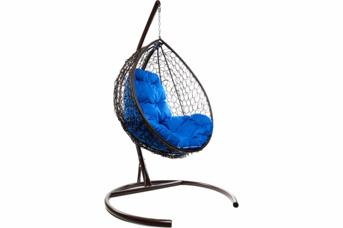 Подвесное кресло M-group капля складной с ротангом коричневое синяя подушка