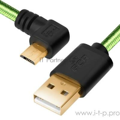 Greenconnect Кабель micro USB 2.0 0.5m угловой, зеленый, черные коннекторы, нейлон, ультрагибкий, п