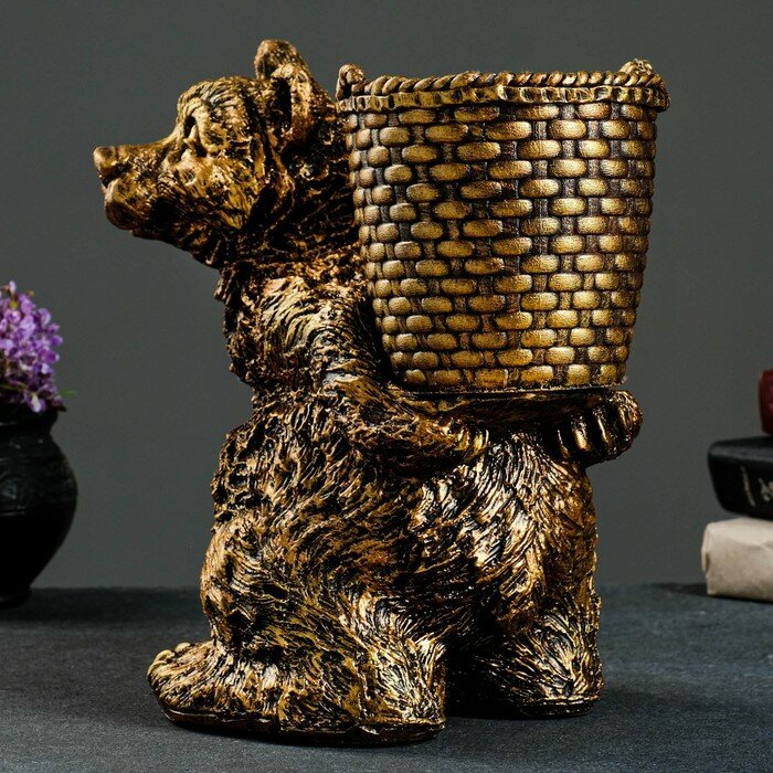 Подставка для зонтов "Медведь с корзиной" бронза 30х23х30см - фотография № 4