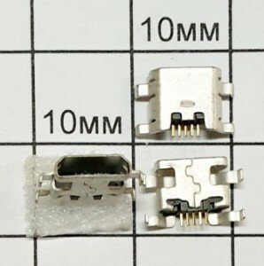 Гнездо micro USB на плату (поверх. монтаж, 4 лапки крепл. б. грань внизу)