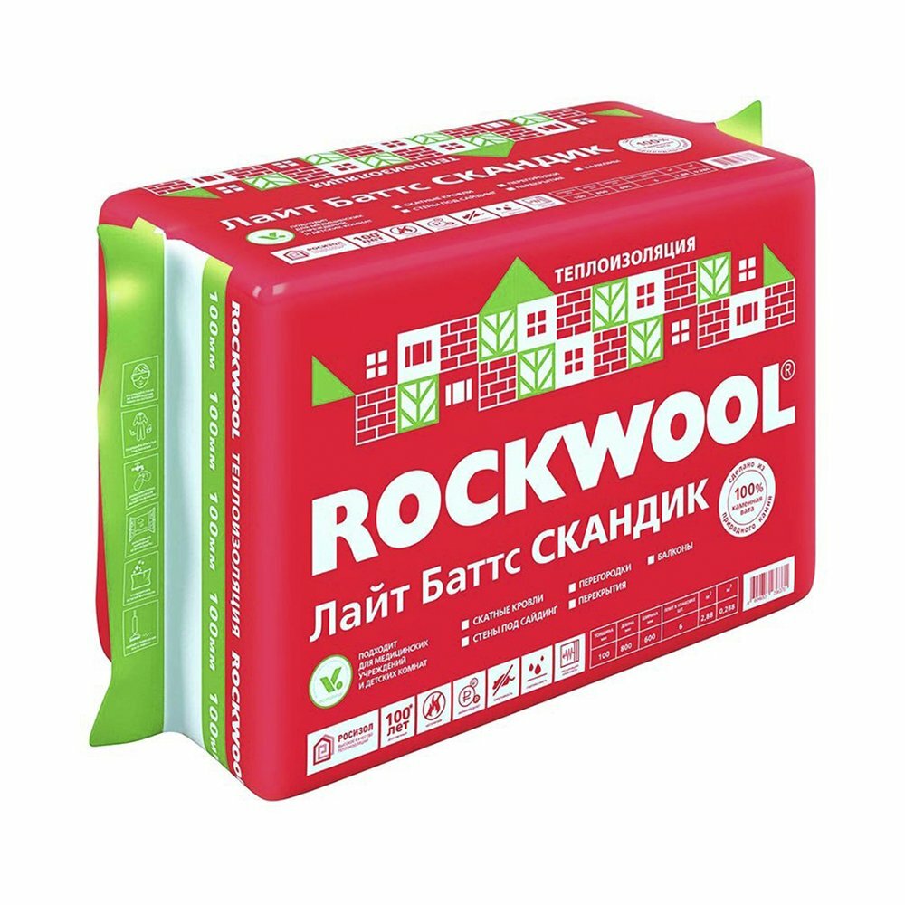 Каменная вата Rockwool Лайт Баттс Скандик, 1200 x 600 x 100 мм, 6 плит