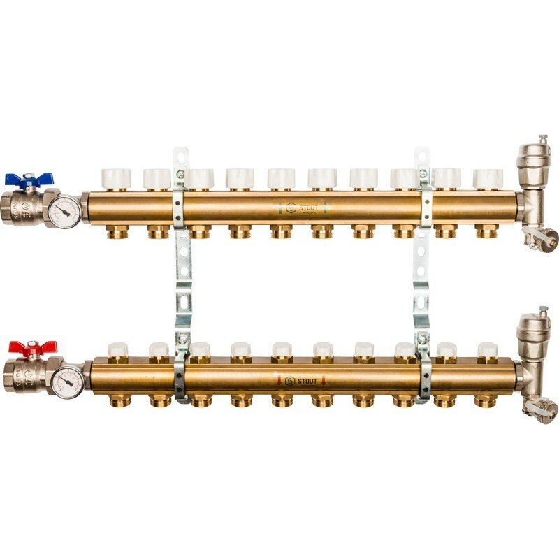 Коллекторная группа из латуни без расходомеров на 10 выходов STOUT (SMB 0468 000010)