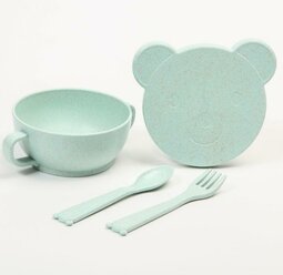 Little Angel Набор детской ЭКО посуды: Миска с крышкой, ложка и вилка, цвет зелёный