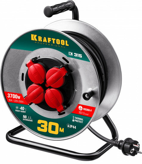 KRAFTOOL К-315 удлинитель на катушке, 30 м, 3700 Вт, 4 гнезда, IP44, КГ 3x1,5 кв мм, KRAFTOOL