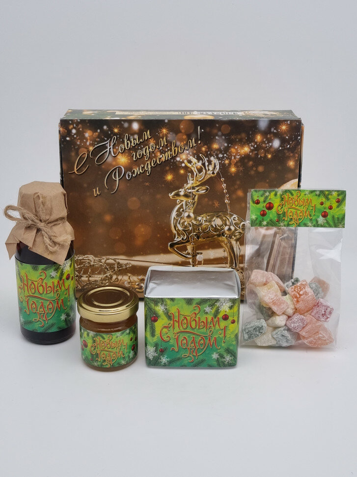 Набор 556 Праздничный чай, мед, рахат лукум и бальзам для иммунитета с новым годом