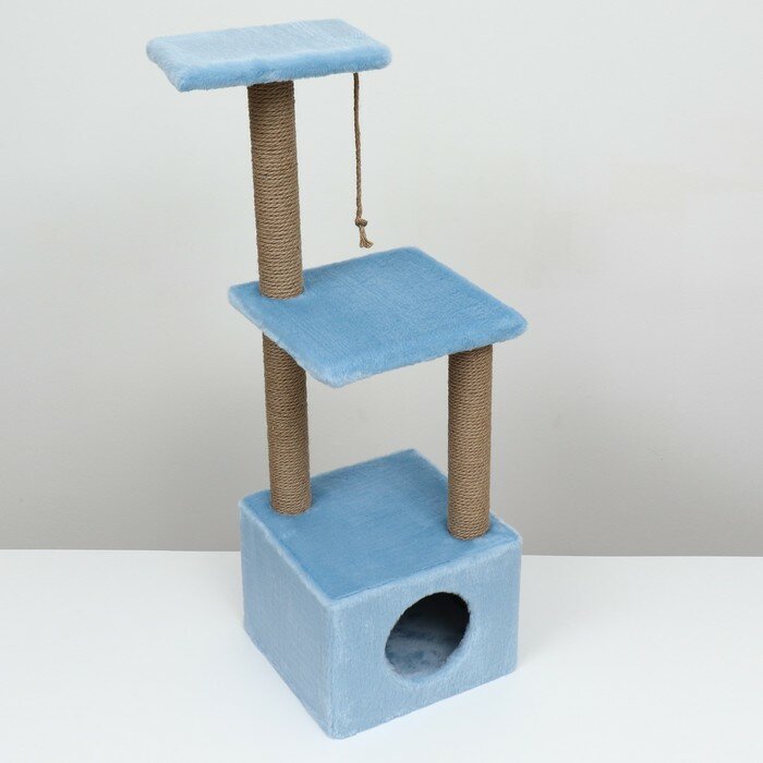 Домик для кошек с двумя полками и ковролином, джут, 37 х 37 х 111 см, голубой - фотография № 3