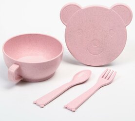 Little Angel Набор детской ЭКО посуды: Миска с крышкой, ложка и вилка, цвет розовый