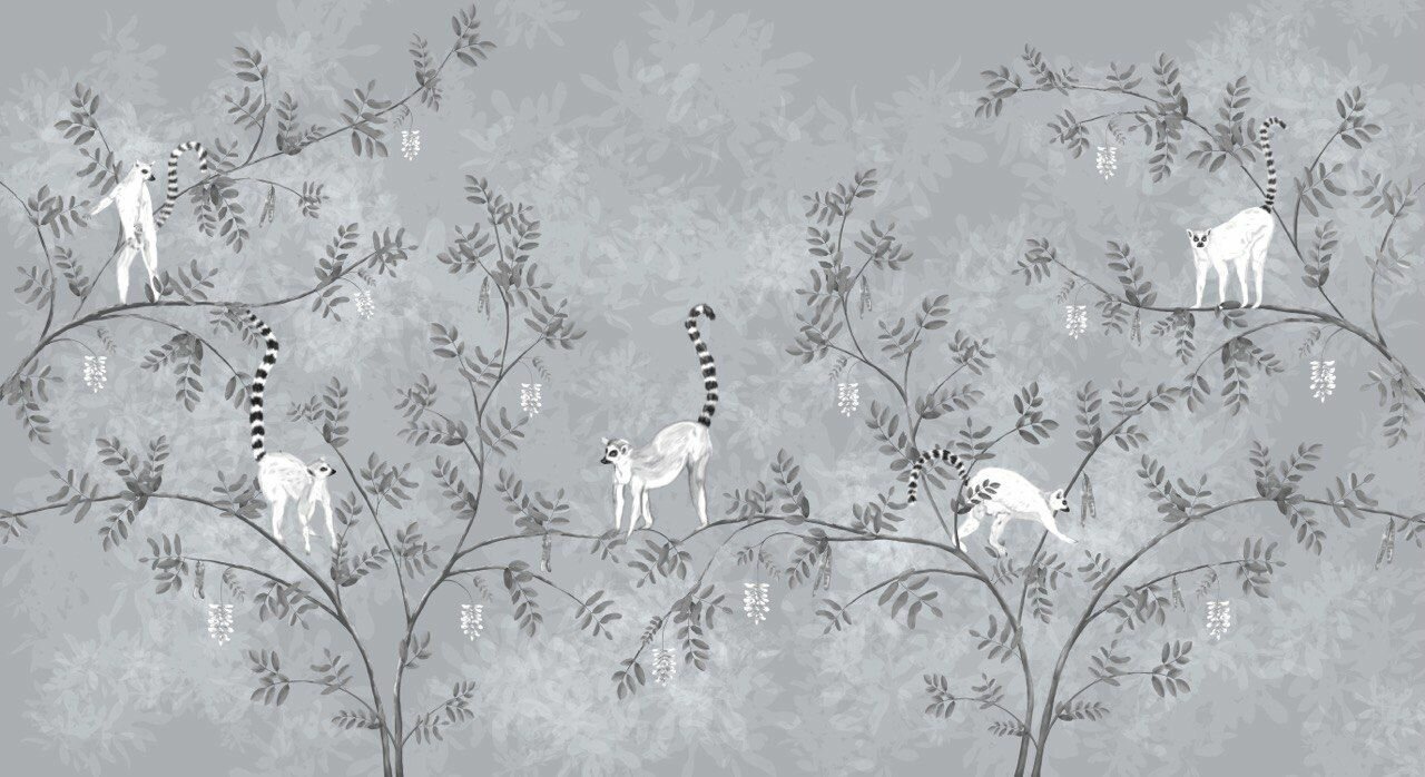 Фреска бесшовная Лемуры Монохром серый (текстура листья) (ширина 3100мм х длина 2000мм) - фотография № 2