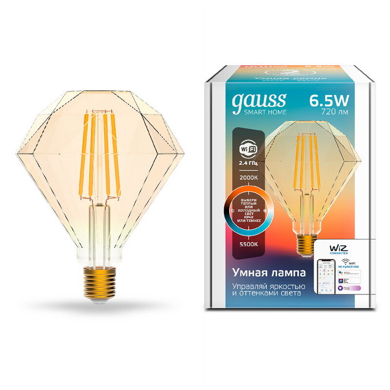 Gauss Лампа светодиодная филаментная Gauss Smart Home DIM+CCT E27 Diamond Golden 6,5 Вт 2000-5500К 1370112