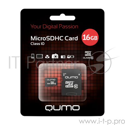 Карта памяти Qumo MicroSDHC 16GB Сlass 10 с адаптером SD, черно-красная картонная упаковка QM16GMICS .