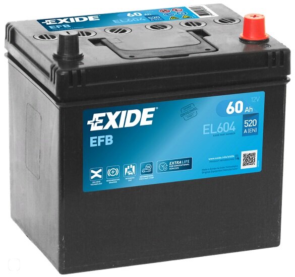 Аккумулятор автомобильный Exide Start-Stop EFB 60 А/ч 520 А обр. пол. EL604 Азия авто (232x173x225) без бортика