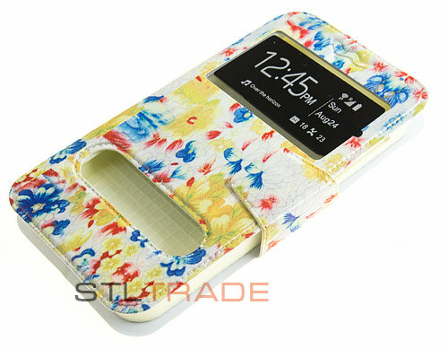 фото Чехол универсальный Finity горизонтальный с силиконом и окном 5,3-5,8 белый с цветами