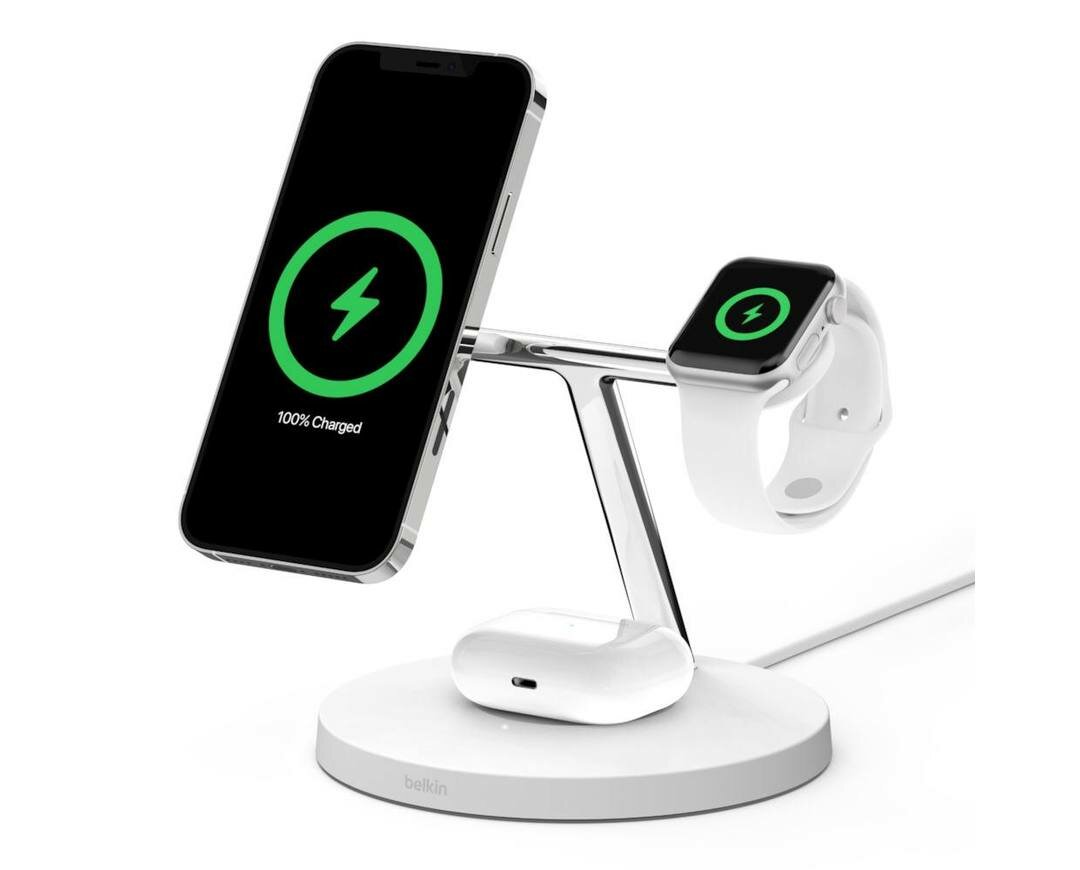 Беспроводная зарядная станция Belkin BOOST CHARGE PRO 3-в-1 iPhone + Apple Watch + AirPods MagSafe White