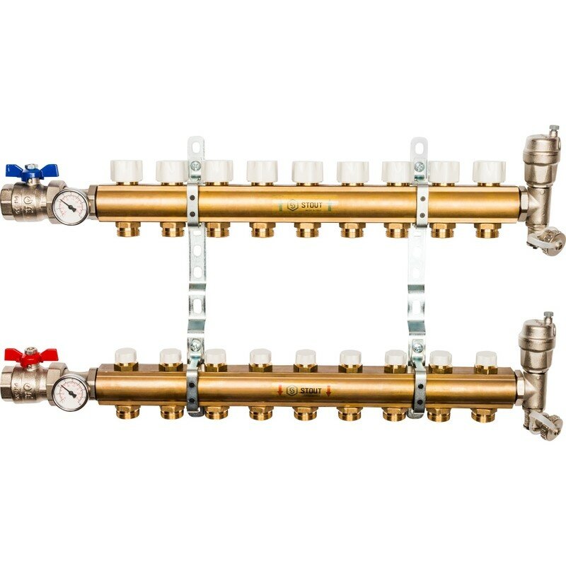 Коллекторная группа из латуни без расходомеров на 9 выходов STOUT (SMB 0468 000009)