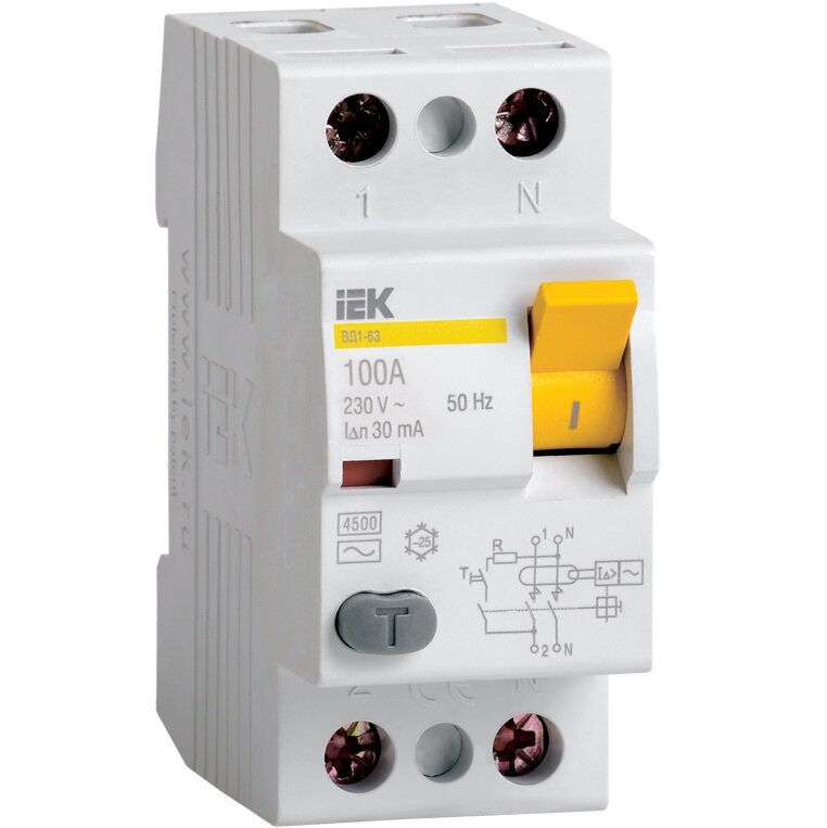 Дифференциальный выключатель двухполюсный IEK УЗО ВД1-63 63А, 100мА, тип AC