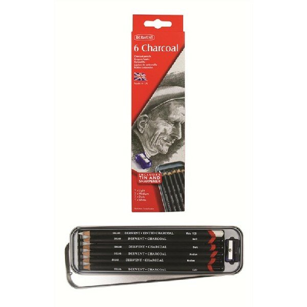 Набор угольных карандашей Charcoal 6шт с точилкой в металлической упаковке Derwent 0700838