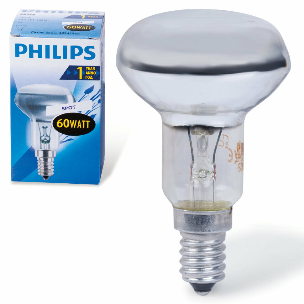 Лампа накаливания PHILIPS Spot R50 E14 30D, 60 Вт, зеркальная, колба d = 50 мм, цоколь E14, угол 30°, 382429, 450730 - фотография № 1