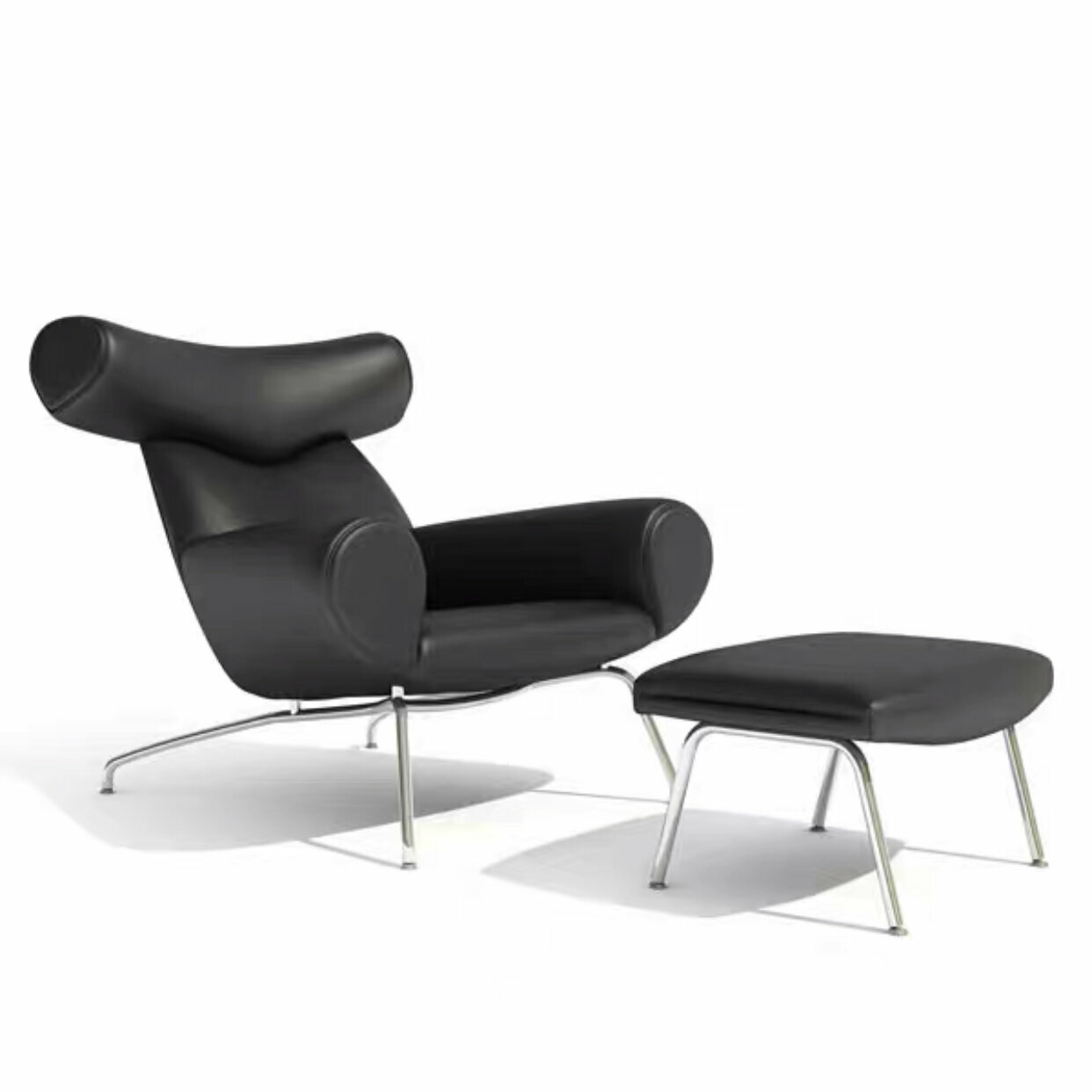 Кресло в стиле Wegner Ox armchair (кресло с оттоманкой, черный натуральная кожа) - фотография № 3