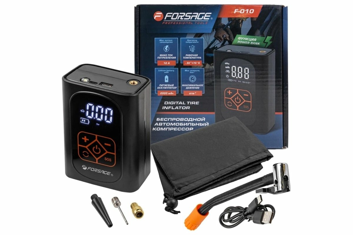 фото Forsage Компрессор поршневой автомобильный беспроводной с цифровым манометром (25л/мин,) F-010(30186)