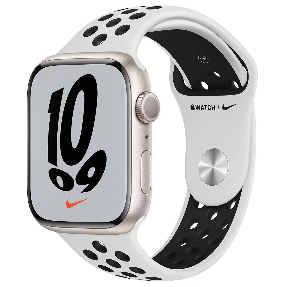 Часы Apple Watch Series 7 GPS 45mm Aluminum Case with Nike Sport Band (MKNA3) (Starlight Aluminum Case with Pure Platinum/Black Nike Sport Band)