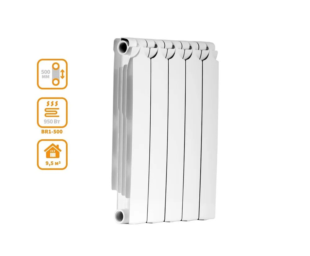 фото Радиатор биметалл Теплоприбор (россия) BR1-500х5 секций, 9.50 м2, теплоотдача -950 Вт, боков.подключение