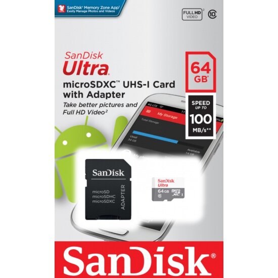 Карта памяти SANDISK micro SDXC 64Gb Ultra Class 10 UHS-I + ADP (100/10 MB/s)