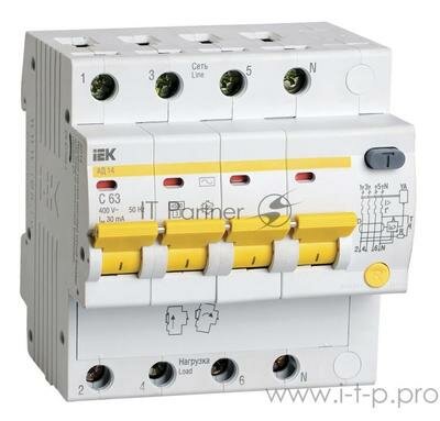 Выключатель автоматический дифференциального тока 4п C 63А 30мА тип AC 4.5кА АД-14 ИЭК MAD10-4-063-C