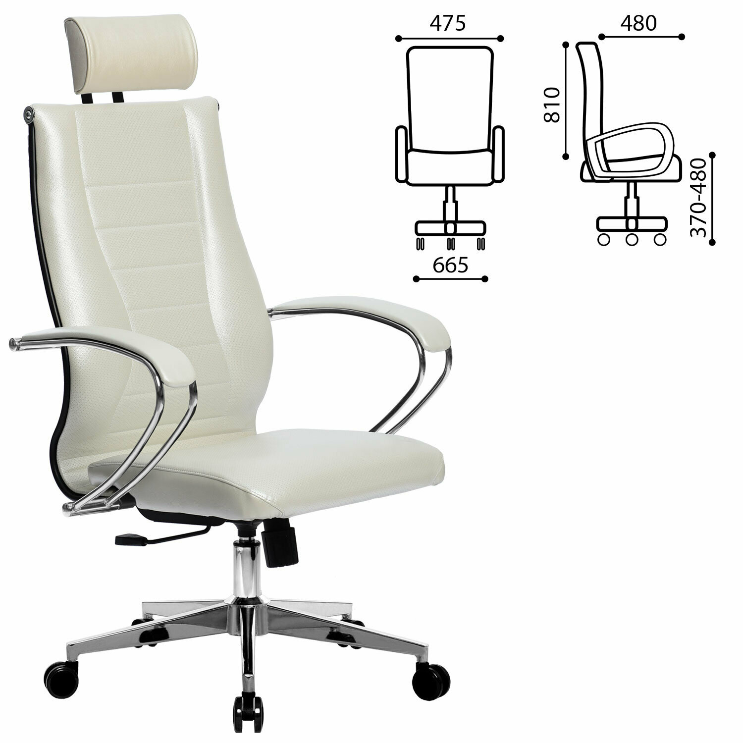 Кресло офисное метта "К-34" хром, экокожа, подголовник, сиденье и спинка мягкие, белое - фотография № 2