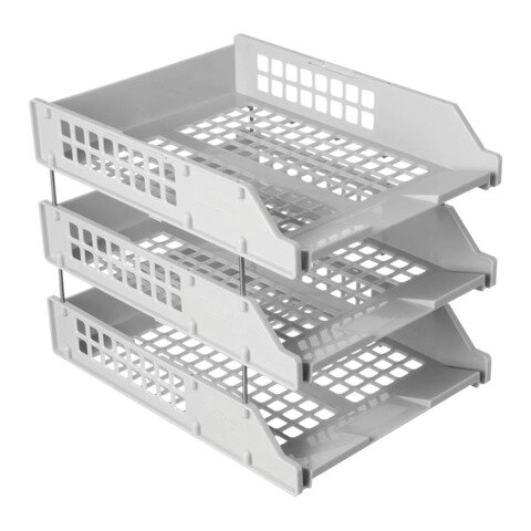 Лотки горизонтальные для бумаг, комплект 2 шт., набор 3 шт. (340х260х240 мм), на металлических стержнях, серые, СТАММ "Strong", ЛТ111