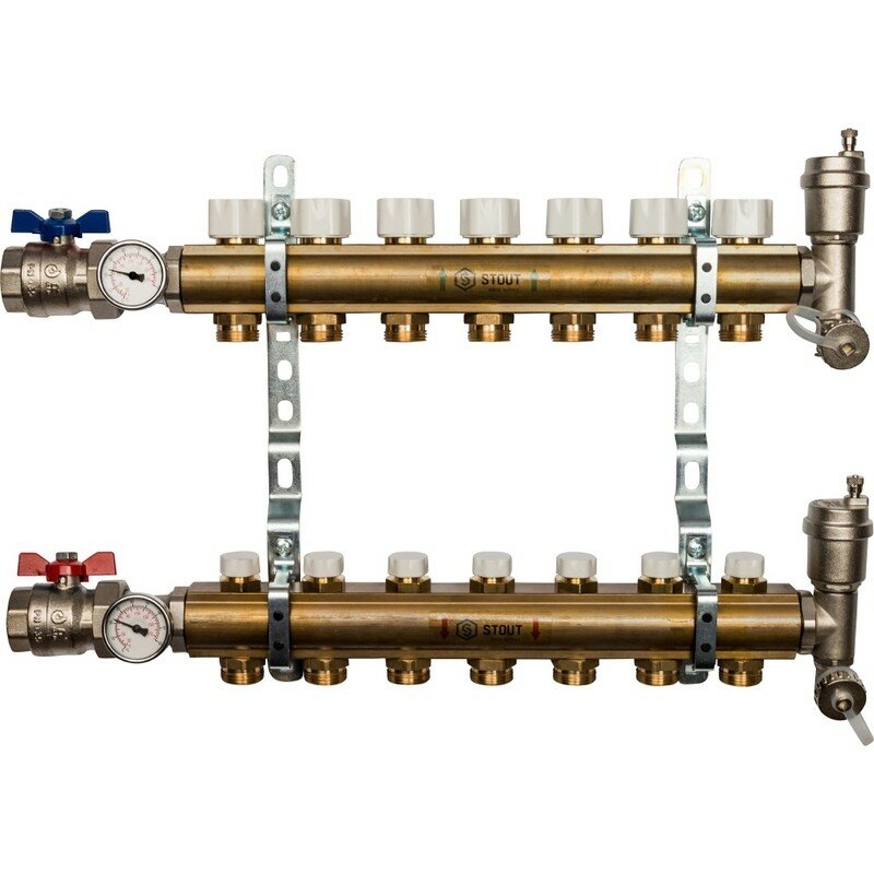 Коллекторная группа из латуни без расходомеров на 7 выходов STOUT (SMB 0468 000007)
