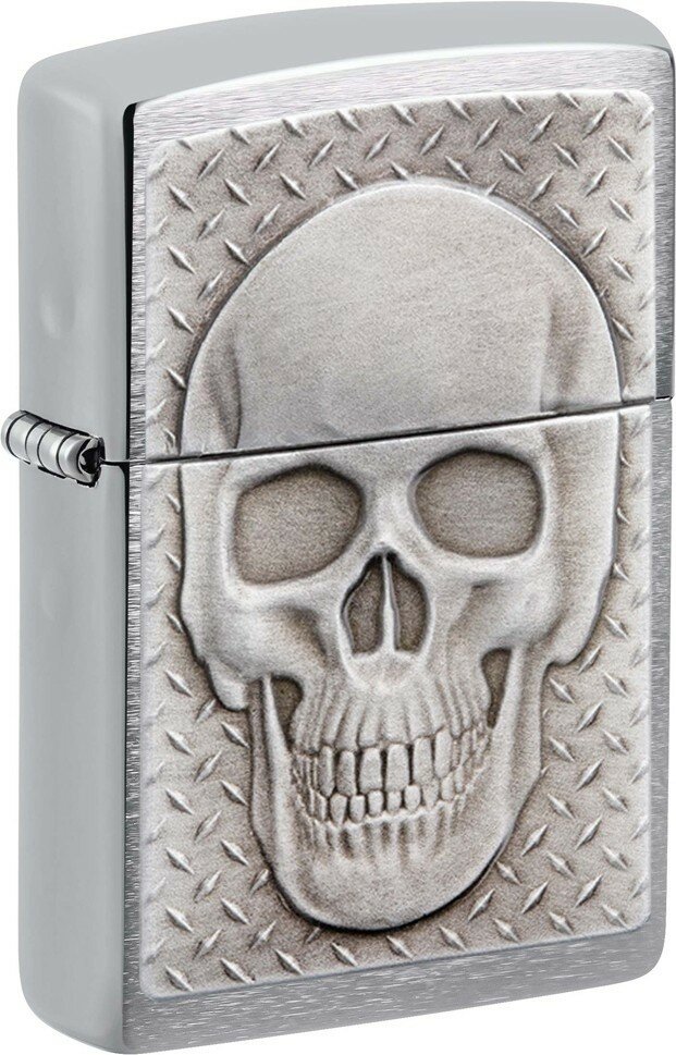 Зажигалка ZIPPO Skull Design с покрытием Brushed Chrome, латунь/сталь, серебристая, 38x13x57 мм - фотография № 1