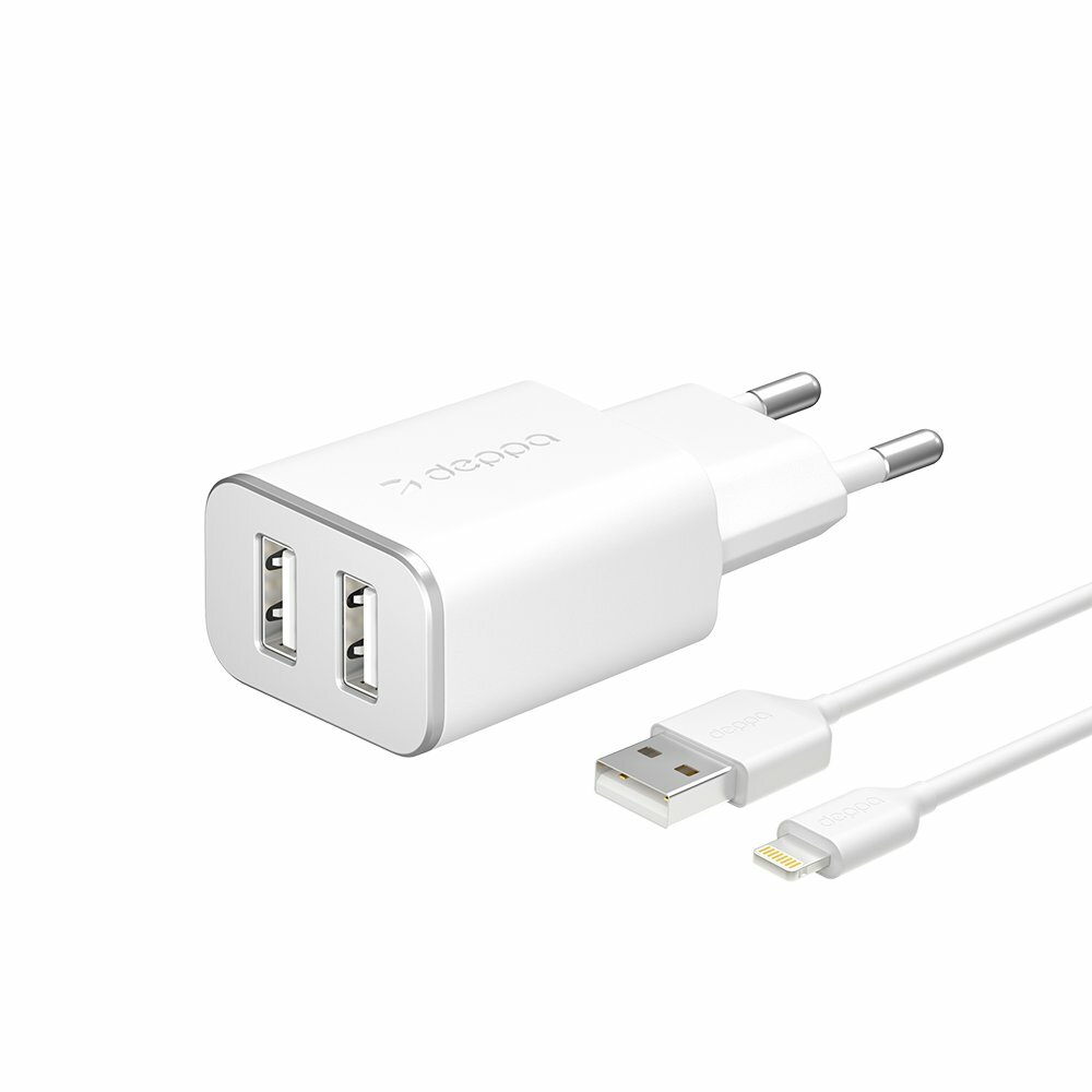 СЗУ 2 USB 2.4А + кабель Lightning, MFI, белый, Deppa DEP-11383